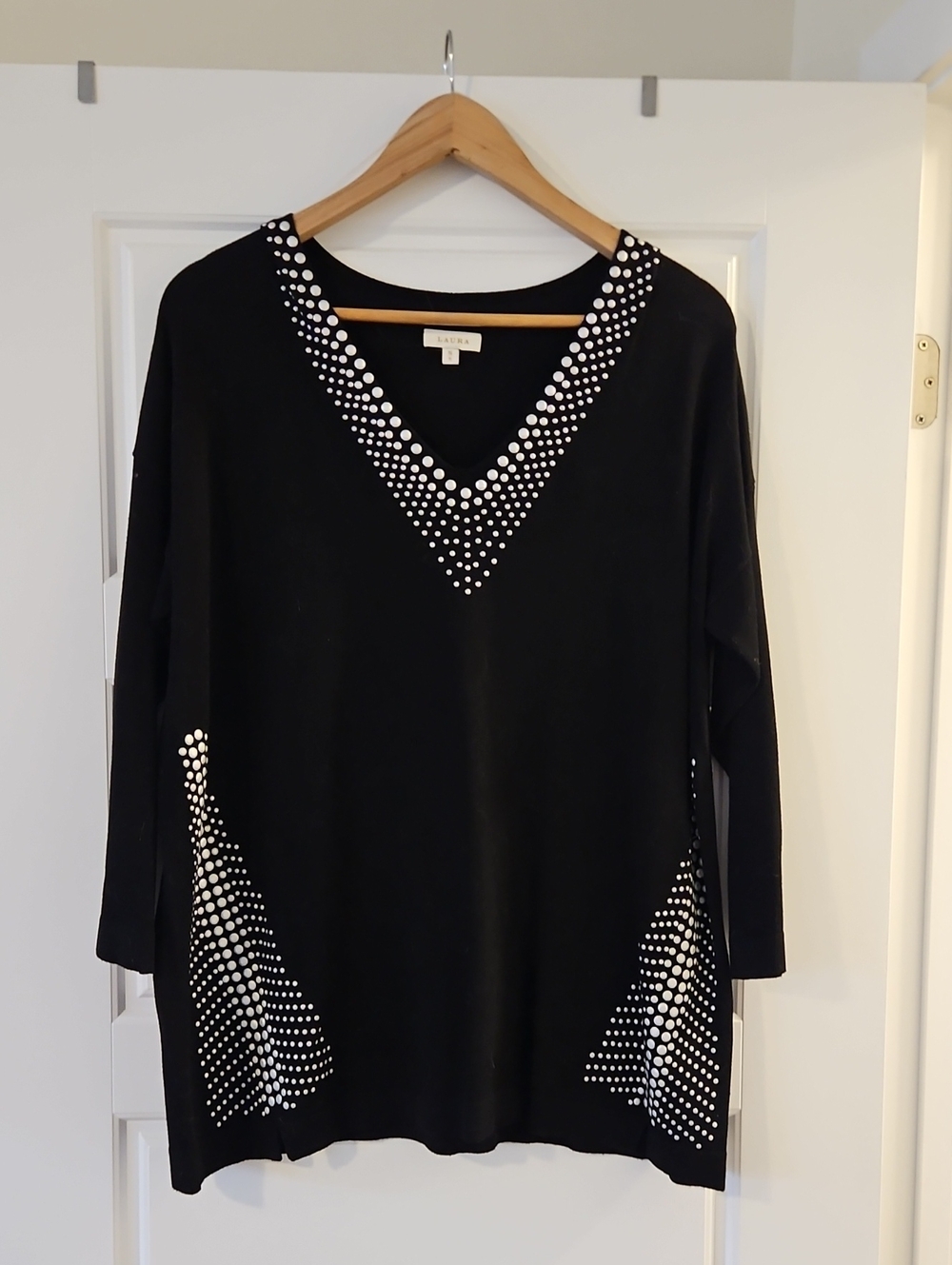 Laura Black V-Neck Women's Sweater with Silver Studs